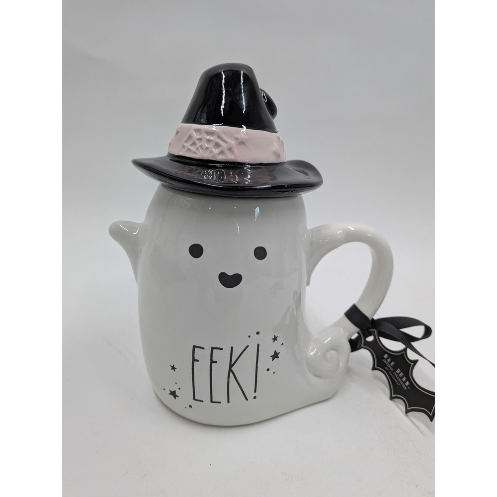 Rae Dunn Ghost Teapot with Witch Hat EEK! Halloween Ceramic Decor Magenta